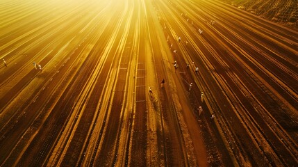 Aerial View of Linear Field with Dramatic Sun Rays