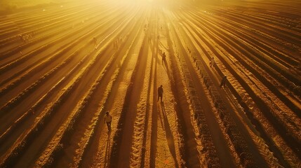 Silhouetted Workers in Vast Patterned Field at Golden Hour