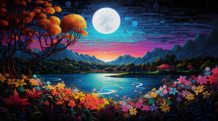 illustration of flowers moon lakeside scene in the expressionistic bold lines background poster decorative painting 