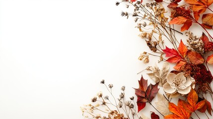 Autumn leaves and dried flowers arranged on a white background creating a corner border design