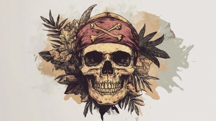 Pirate Skull with Bandana and Flowers Vintage Style Illustration