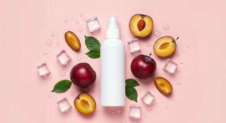 White Bottle on Pink Plum Background for Cosmetic or Product Mockup