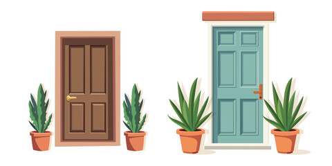 Front door with two pots with plants. Cartoon house illustration