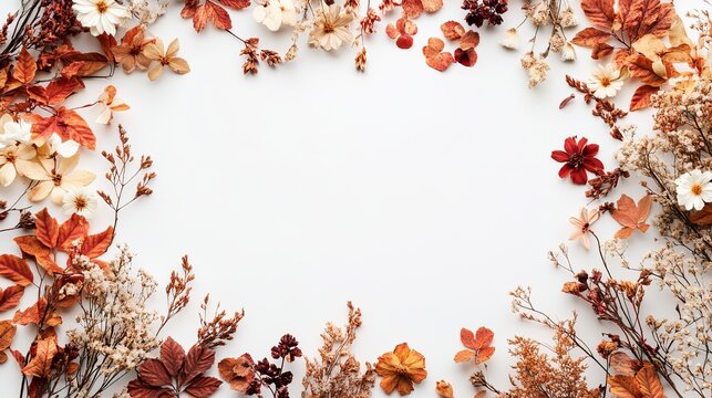 Autumnal frame of dried flowers and leaves in warm tones on a clean white background creating a border