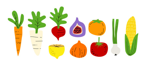 Vegetables in Hand-drawn style set, Drawing of food elements for design menu label packaging icons etc. vector illustration	