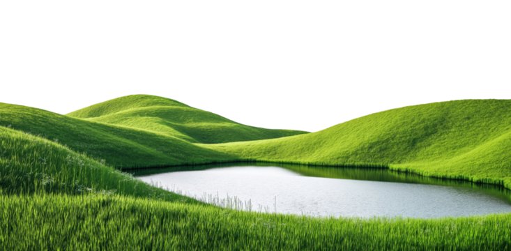 Landscape with lake surrounded with green hills, isolated on a transparent background