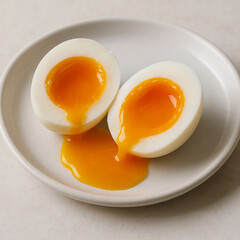 A soft-boiled egg sliced in half with a golden, runny yolk spilling slightly, placed on a white ceramic plate