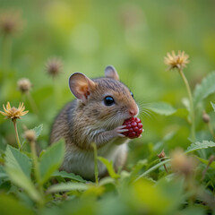 Obraz premium Small rodent enjoys fresh berry in a lush green field during a sunny day in springtime,