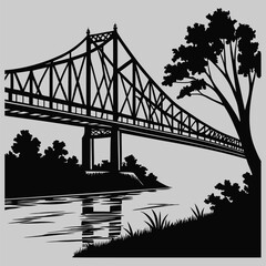 bridge over a river with a reflection silhouette vector design art and illustration