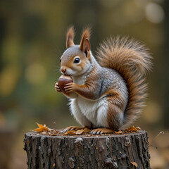 Squirrel holding acorn on tree stump in autumn forest capturing nature's charm,