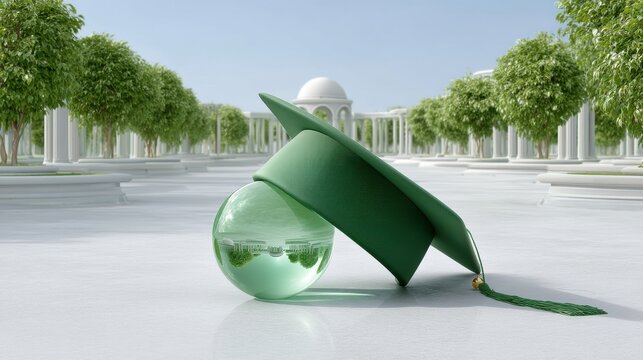A green graduation cap rests near a transparent glowing green sphere in a minimalist nature inspired landscape symbolizing the connection between education technology and environmental responsibility