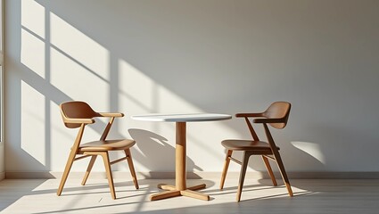 customer experience meetings presentation, Minimalist dining area with two wooden chairs and a round table, illuminated by natural light.