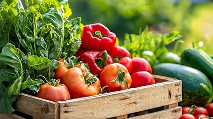 Freshly harvested tomatoes and bell peppers in a wooden crate surrounded by lush greenery - Powered by Adobe