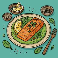 Grilled Salmon Dish with Lemon and Greens Fresh Healthy Meal