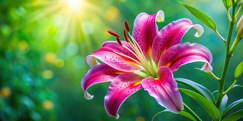 Fototapeta premium Delicate pink Oriental lily blossoms, captured in a stunning floral photograph, showcasing its beauty against lush greenery.