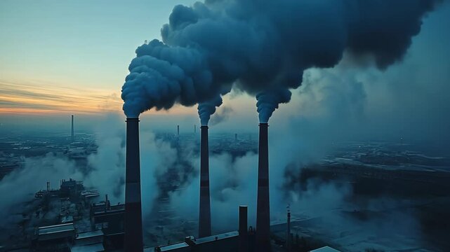 Industrial smokestacks emit dense steam against a dusky sky, creating an atmospheric view of pollution and industry. The scene captures the ongoing impact of manufacturing in the city.