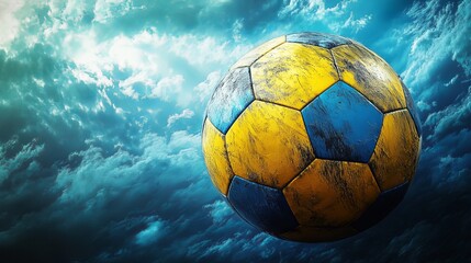 A soccer ball with yellow and blue panels against a dramatic cloudy sky background in a dynamic shot