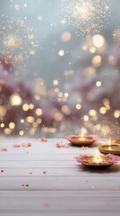 Fototapeta premium Banner design for diwali festival and podium,Diwali light decoration candle with fireworks,Stage,Product display Showcase design sparkle background,Deepavali,Dipavali,3D podium illustration.