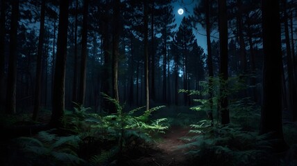 Moonlit Path Through Dense Forest at Night