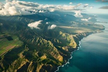 Majestic Aerial View of Rugged Coastline and Verdant Mountains...