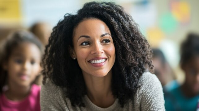 Beaming with joy, a dedicated teacher engages her enthusiastic students in a lively classroom filled with colors. Her expression radiates pride as she fosters a love for learning