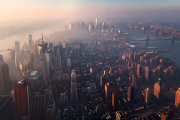 Golden Sunrise Over Misty Manhattan Skyline
