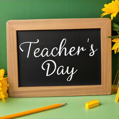 Teacher's Day Celebration with Blackboard, Flowers, and Supplies on Green Background