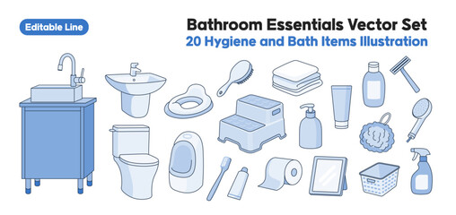 Bathroom Essentials Vector Set - 20 Hygiene and Bath Items Illustration editable line