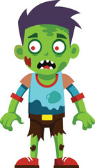 Cartoon zombie with torn clothes and green skin. Funny undead character for Halloween designs and horror games.