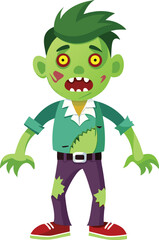 Cartoon zombie with torn clothes and green skin. Funny undead character for Halloween designs and horror games.