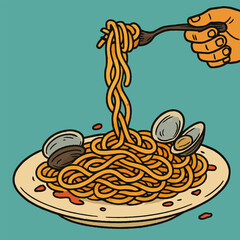 Serving Pasta with Clams Illustration with Hand and Fork