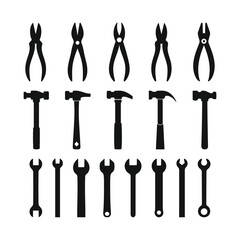Black and White Tool Silhouettes – Pliers, Hammers, and Wrenches Graphic Collection