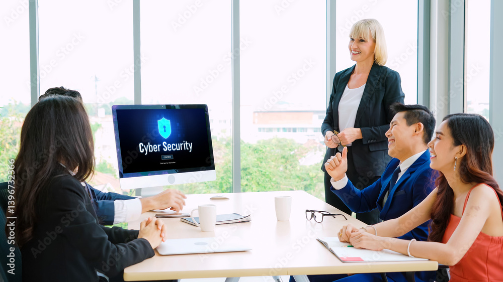 Poster cyber security system on computer screen protect private information snugly from hacker and cyber at