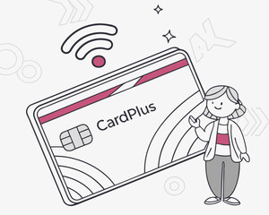 Naklejka premium Credit Card with Contactless Symbol and Cartoon Character 