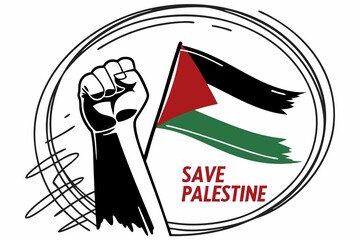 Save Palestine Poster Design – Palestinian Flag, Raised Fist, and Hashtag Graphic