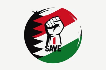 Save Palestine Poster Design – Palestinian Flag, Raised Fist, and Hashtag Graphic