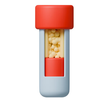 Clinical chemistry 3d icon. Lipemic blood in sample tube with fat-like particles, red cap, and blue body.