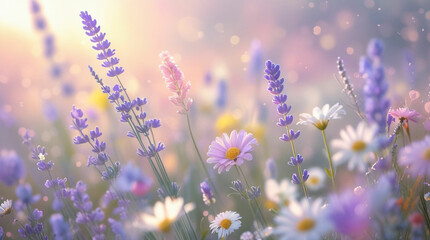 Naklejka premium Dreamy Spring Wildflowers in Soft Pastel Light 