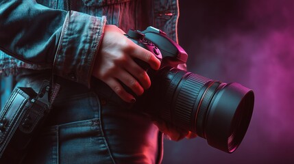 Naklejka premium A close-up shot of a photographer holding a professional camera against a vibrant, colorful background. The image captures the passion and artistry involved in photography.