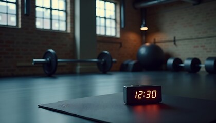 Fototapeta premium Digital clock on yoga mat in gym setting style in dark tones representing midday workout time