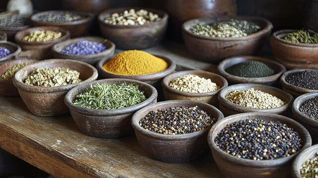 Aromatic Spice and Herb Collection in Rustic Bowls