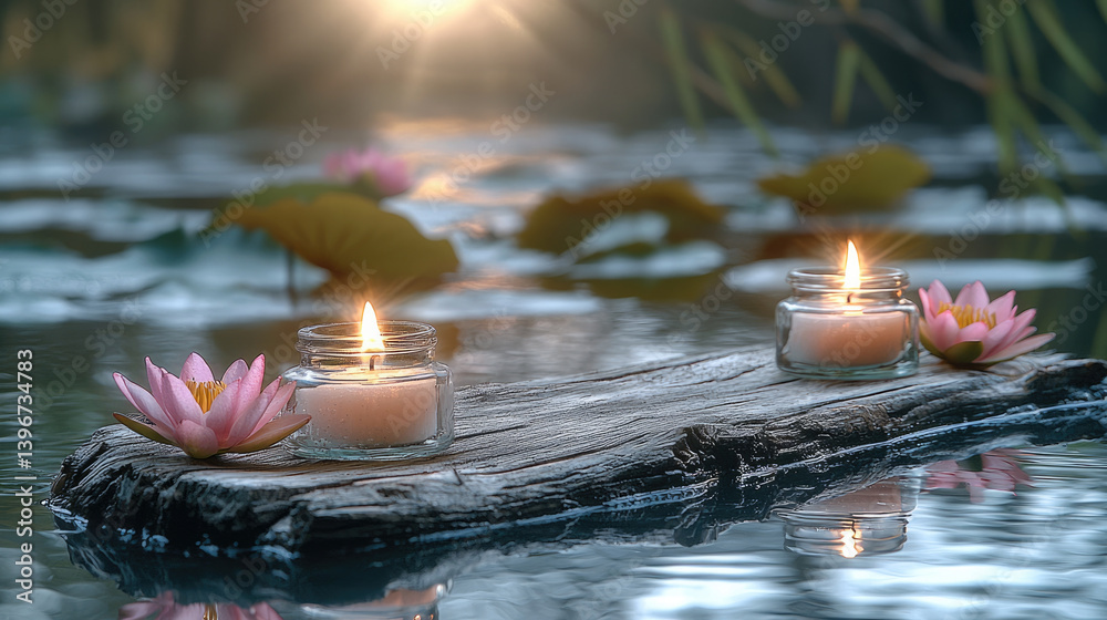 Poster serene scene featuring floating candles and pink lotus flowers on tranquil water surface, illuminate