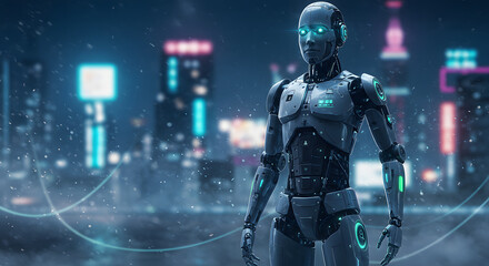 Fototapeta premium Advanced Humanoid Robot in Futuristic City (Ai)