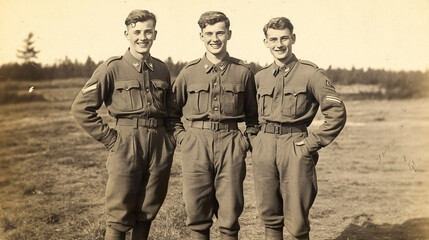 Fototapeta premium Vintage World War Soldiers in Military Uniforms: A Black and White Portrait of Army Camaraderie and Bravery in Historical Outdoor Landscape