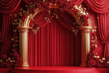 A grand red stage adorned with golden columns and roses.