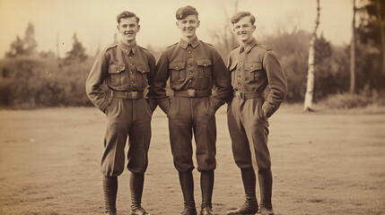 Fototapeta premium Vintage Military Portrait: Historical Black and White Photo of WWI Soldiers in Uniform