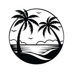 Circular Black Silhouette Tropical Palm Trees, Ocean Waves, & Birds on White