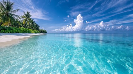Tropical beach with palm trees and clear turquoise water under a bright blue sky with clouds