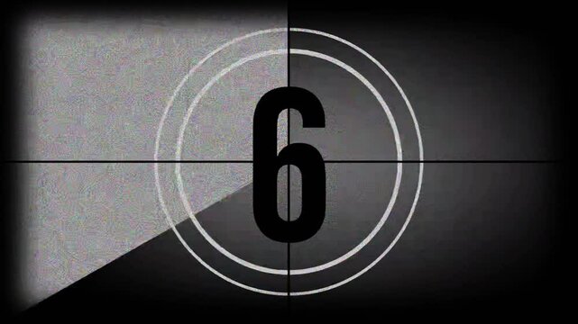 Vintage, old, retro projected film head leader with realtime countdown clock from 10 to 0