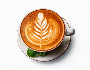 a cup of coffee latte with latte art, photo object with high quality picture and detail in white isolated background